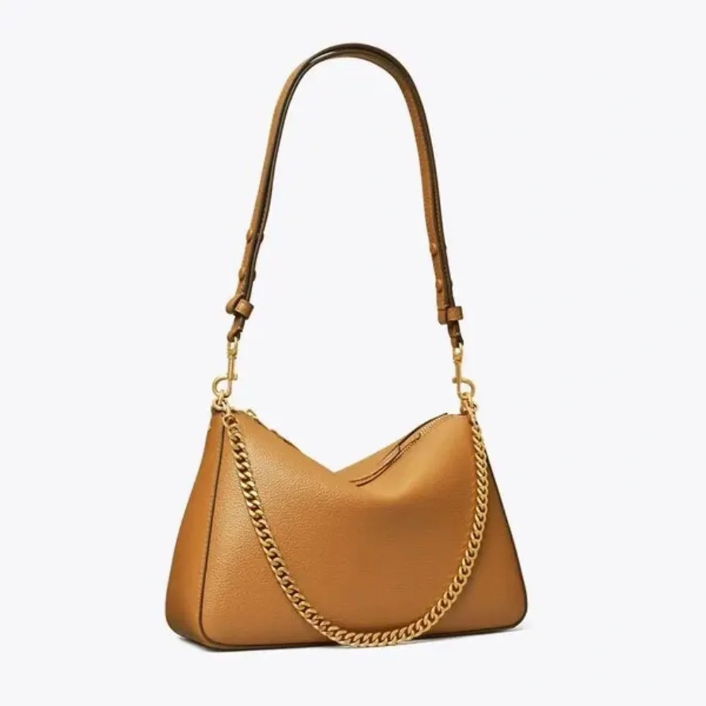 $400 NWT Tory Burch Perry Brown Tan Pebble Leather Gold Chain Strap Shoulder Bag